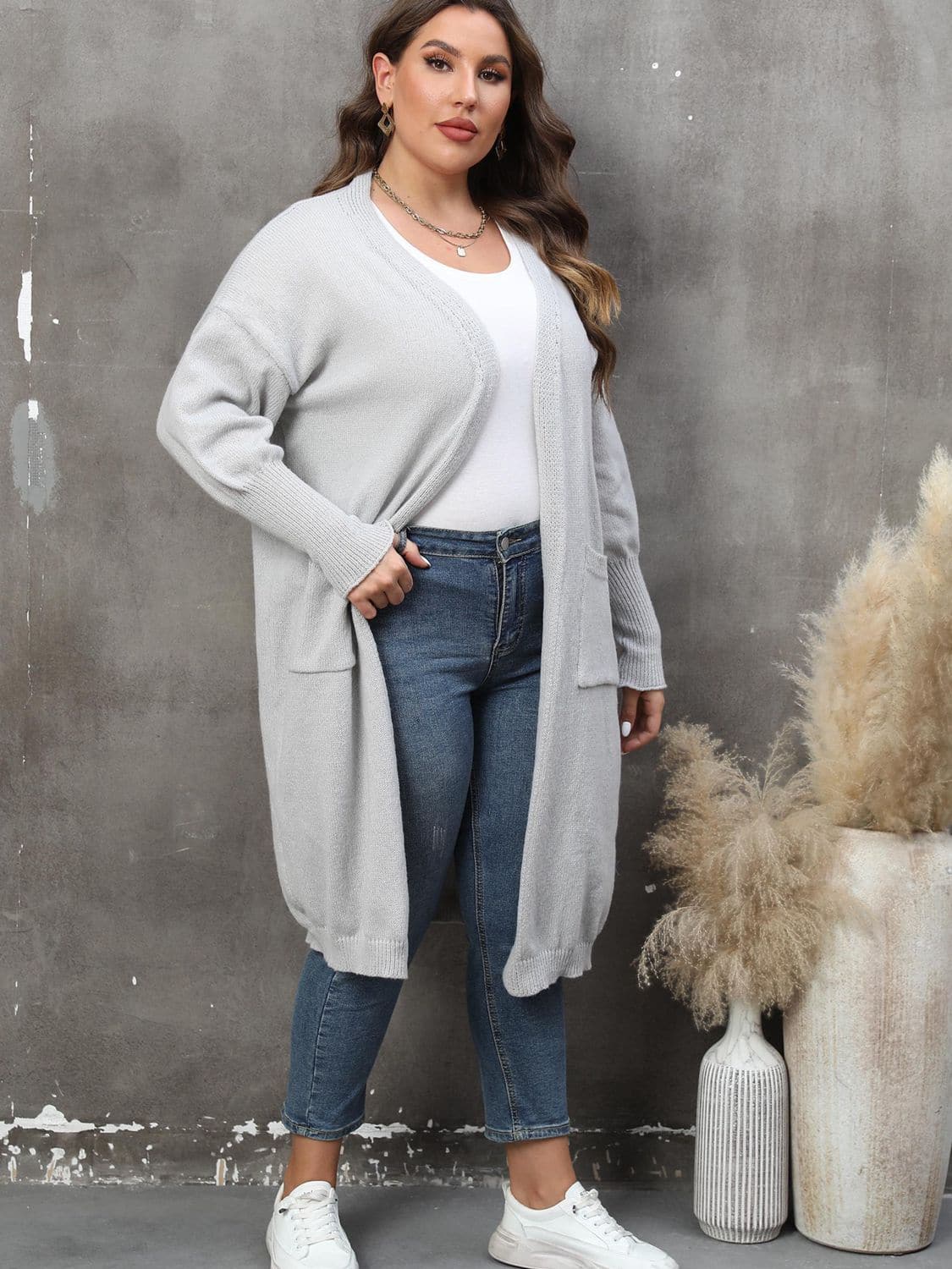 Plus Size Long Sleeve Pocketed Cardigan.