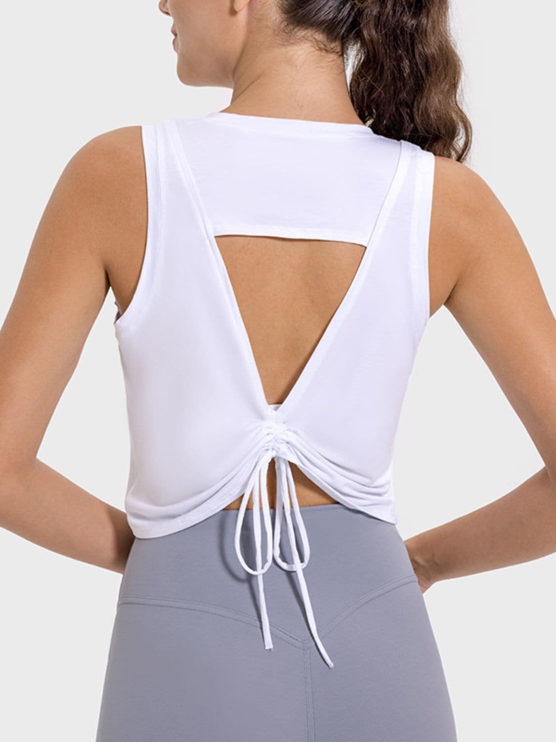 Drawstring Cutout Round Neck Active Tank.