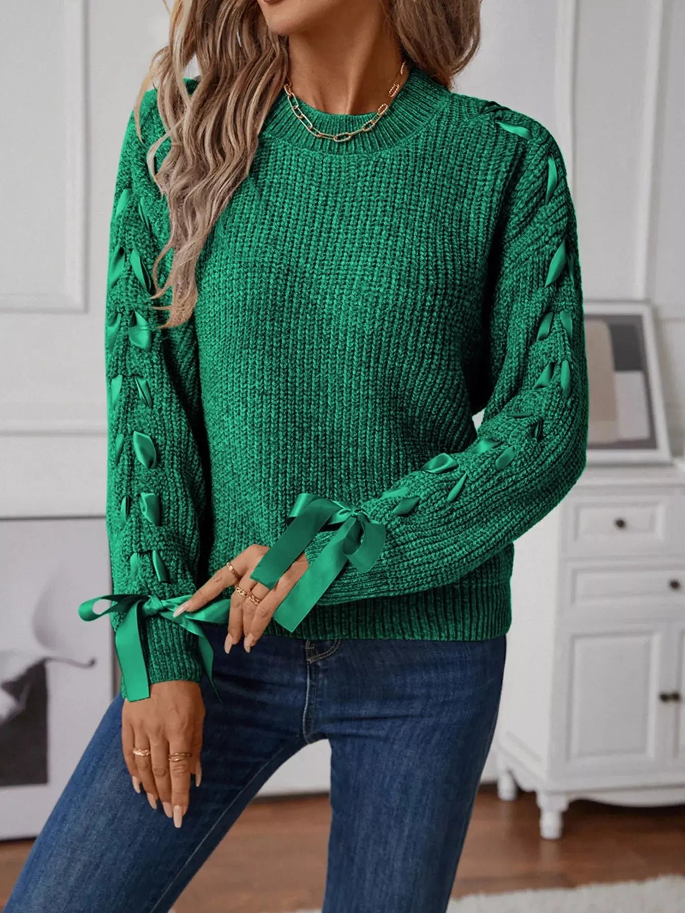 Ribbon-Tie Sleeve Round Neck Sweater Simply Love