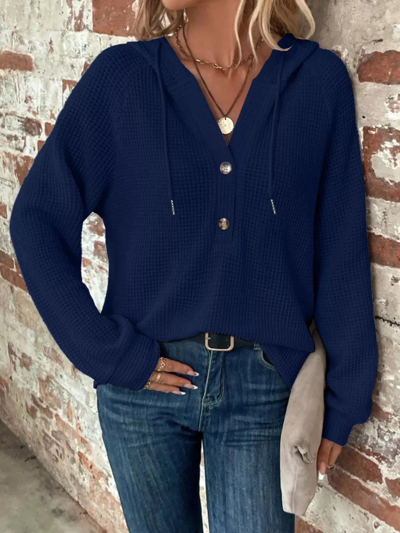 Waffle Knit Button Detail Hoodie Simply Love