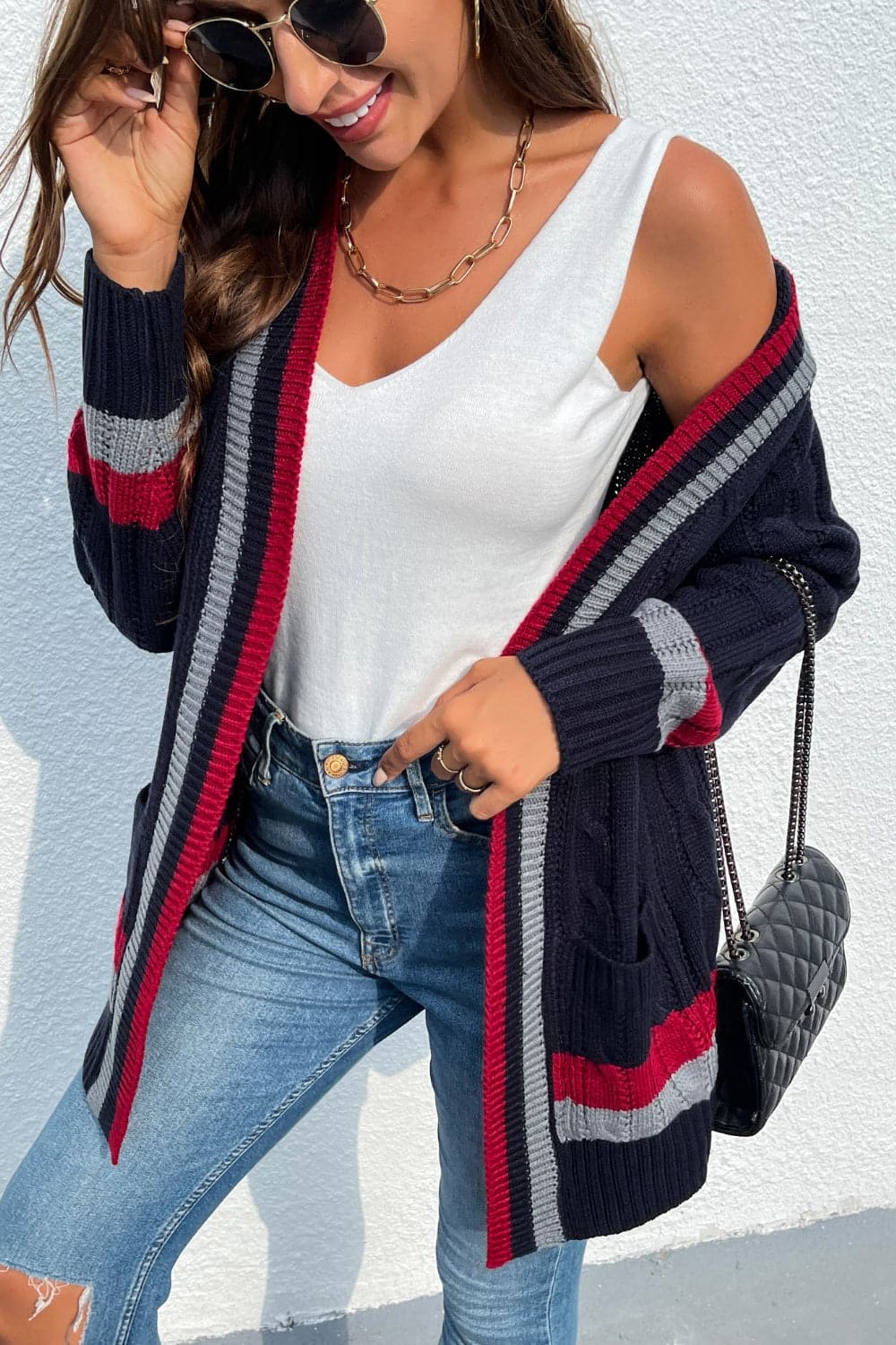 Open Front Striped Long Sleeve Cardigan.