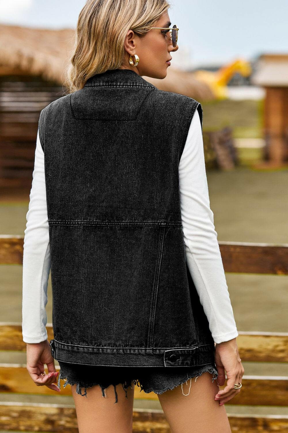 Sleeveless Collared Neck Denim Top with Pockets.