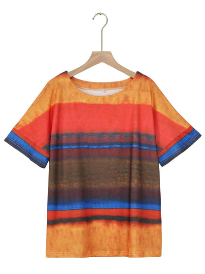 Full Size Color Block Round Neck Half Sleeve T-Shirt.