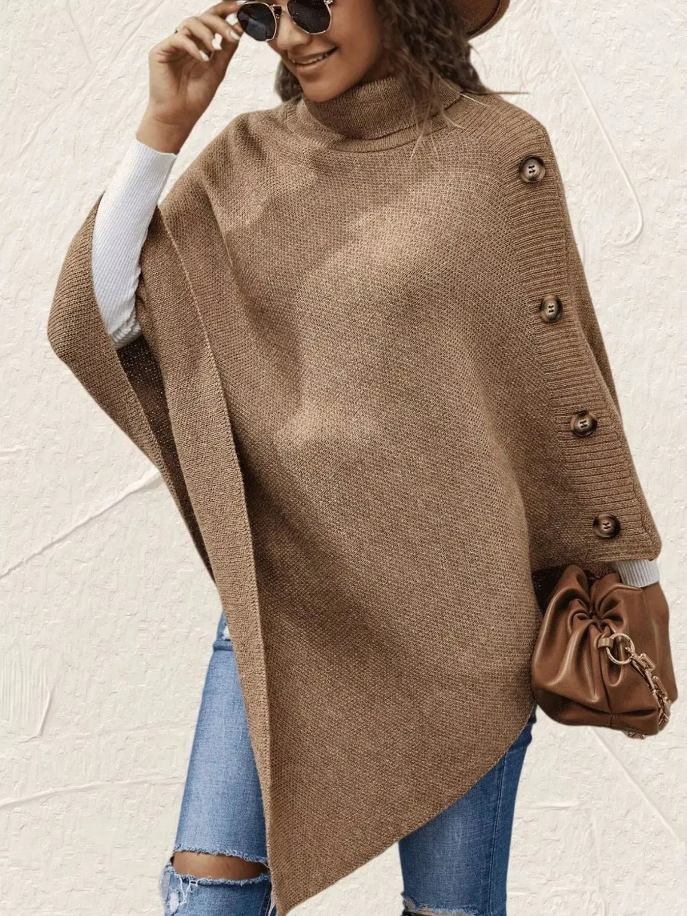 Button-Decor Turtleneck Poncho Pullover Simply Love