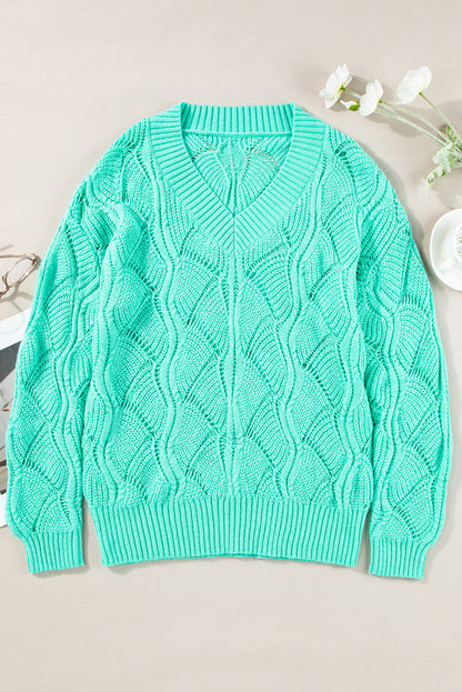 Chic mint green v-neck hollow-out knit sweater with drop shoulders