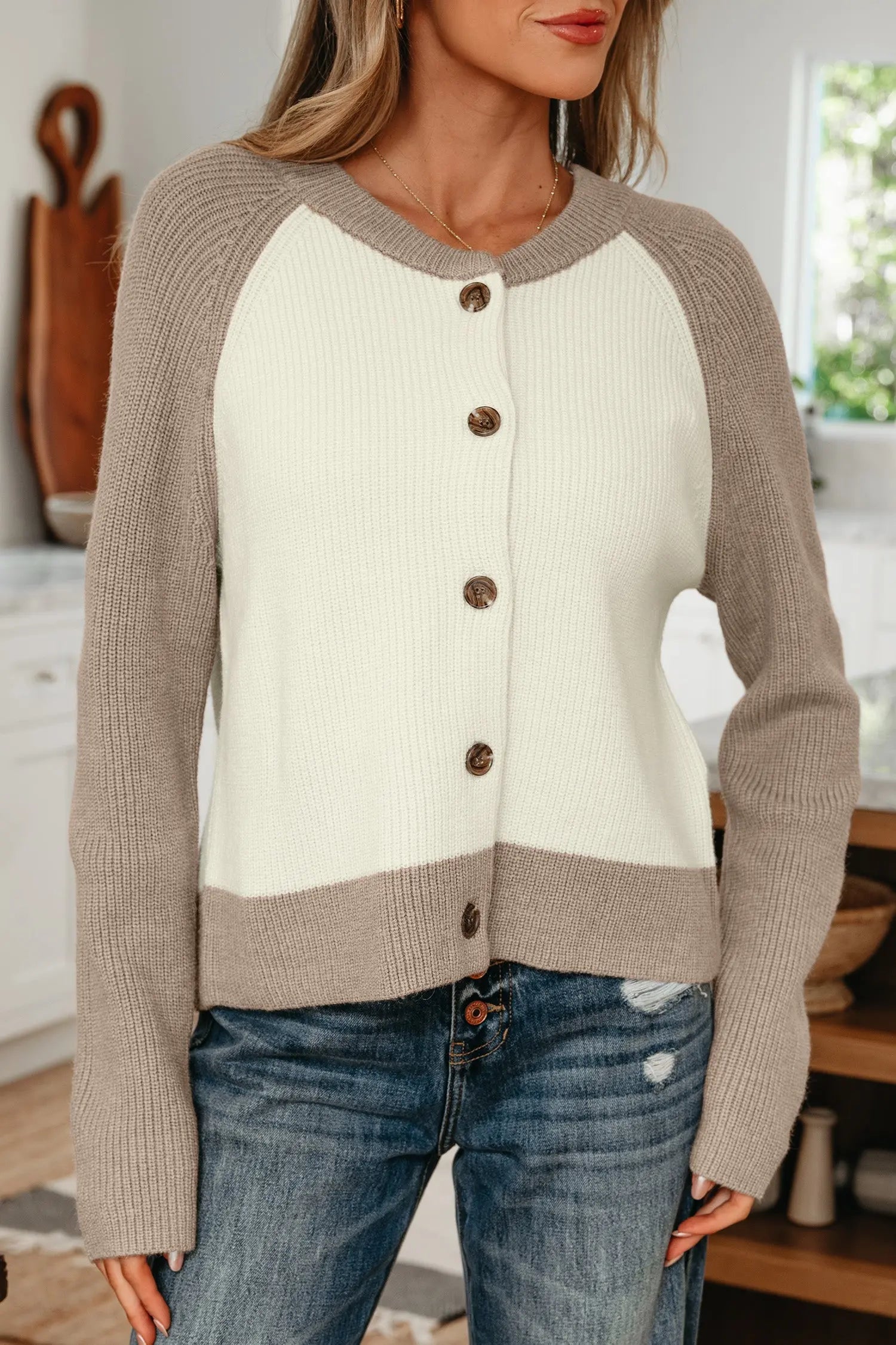 White Color Block Ribbed Knit Button Down Cardigan Sweater For Women Dear-Lover Dropshipping