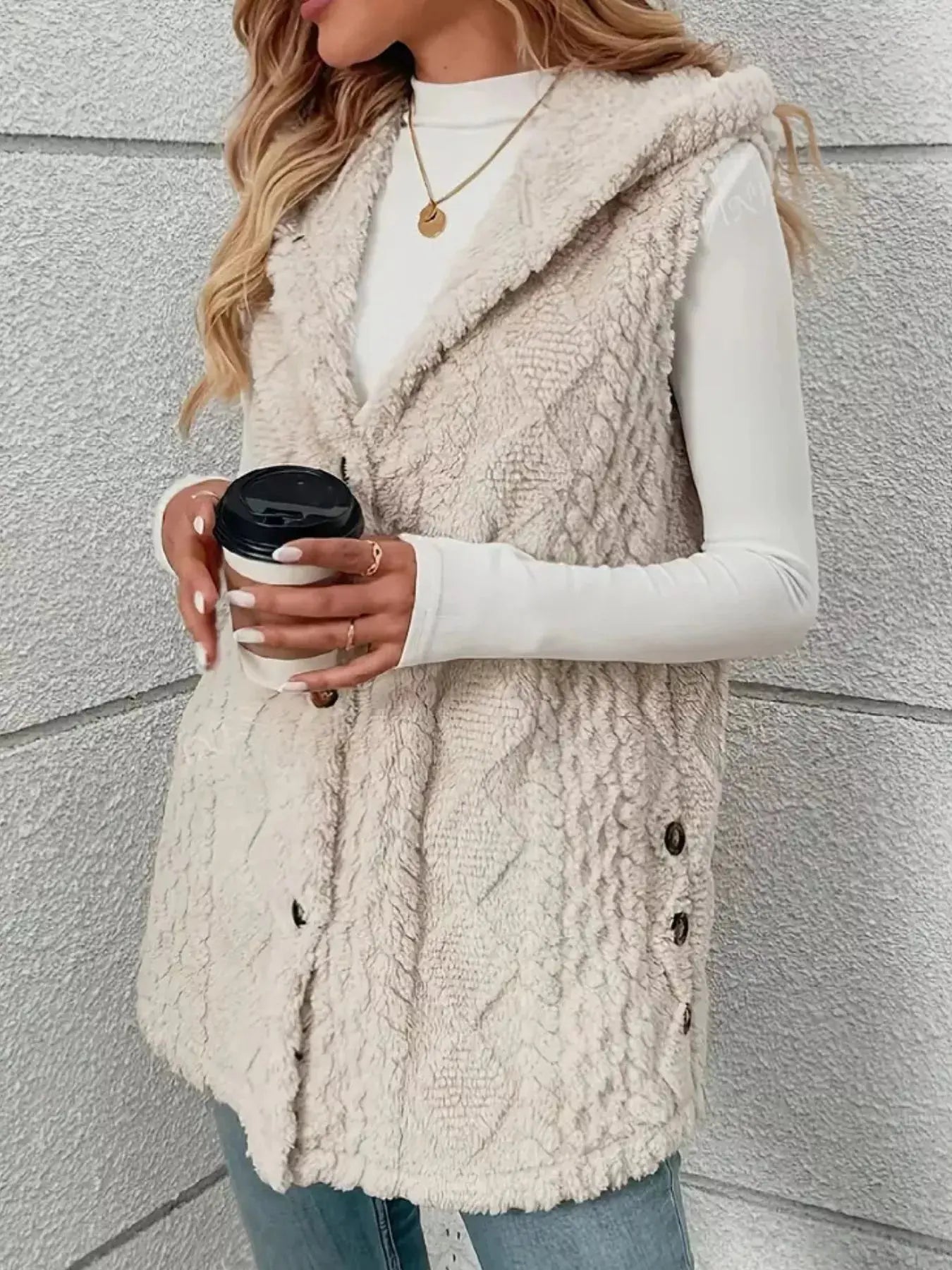 Hooded Button-Up Sherpa Vest Coat Simply Love