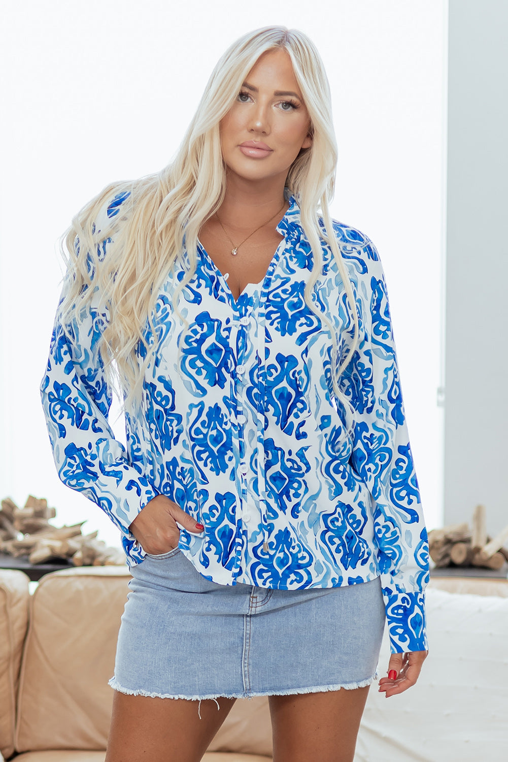 Premium Sky Blue Ethnic Printed Tie Neck Button Puff Sleeve Shirt Dear-Lover Dropshipping