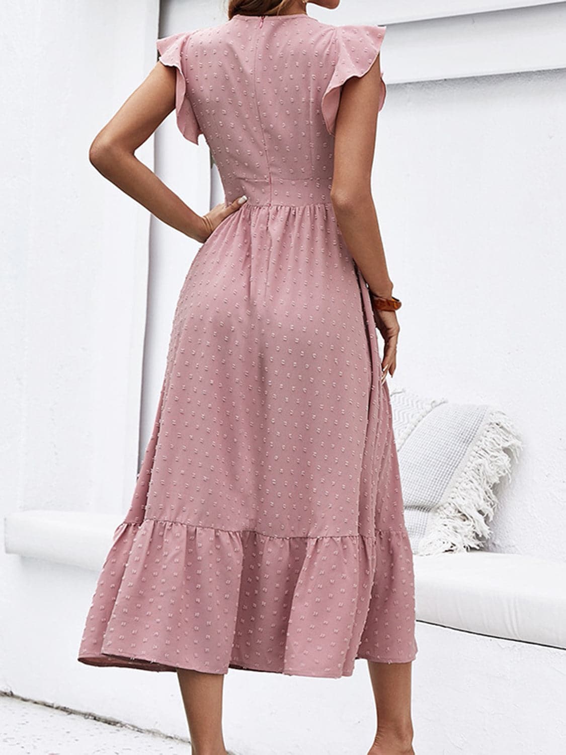 Swiss Dot Ruffled Plunge Dress.