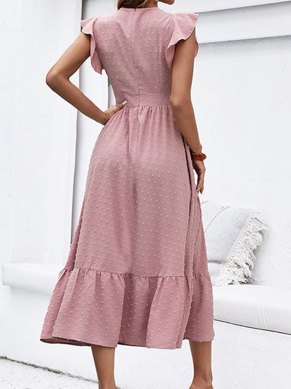 Swiss Dot Ruffled Plunge Dress.