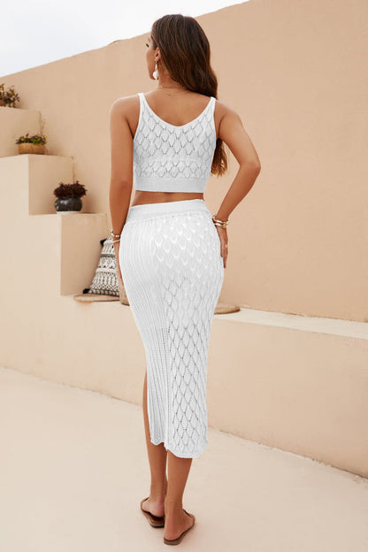 Openwork Cropped Tank and Split Skirt Set.