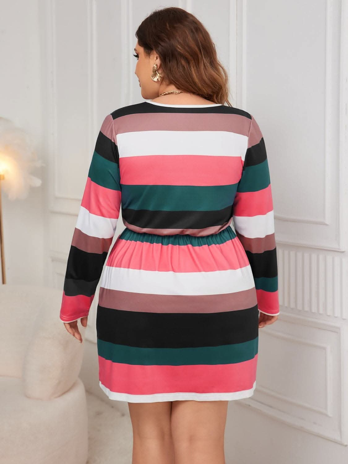 Plus Size Striped V-Neck Long Sleeve Mini Dress.