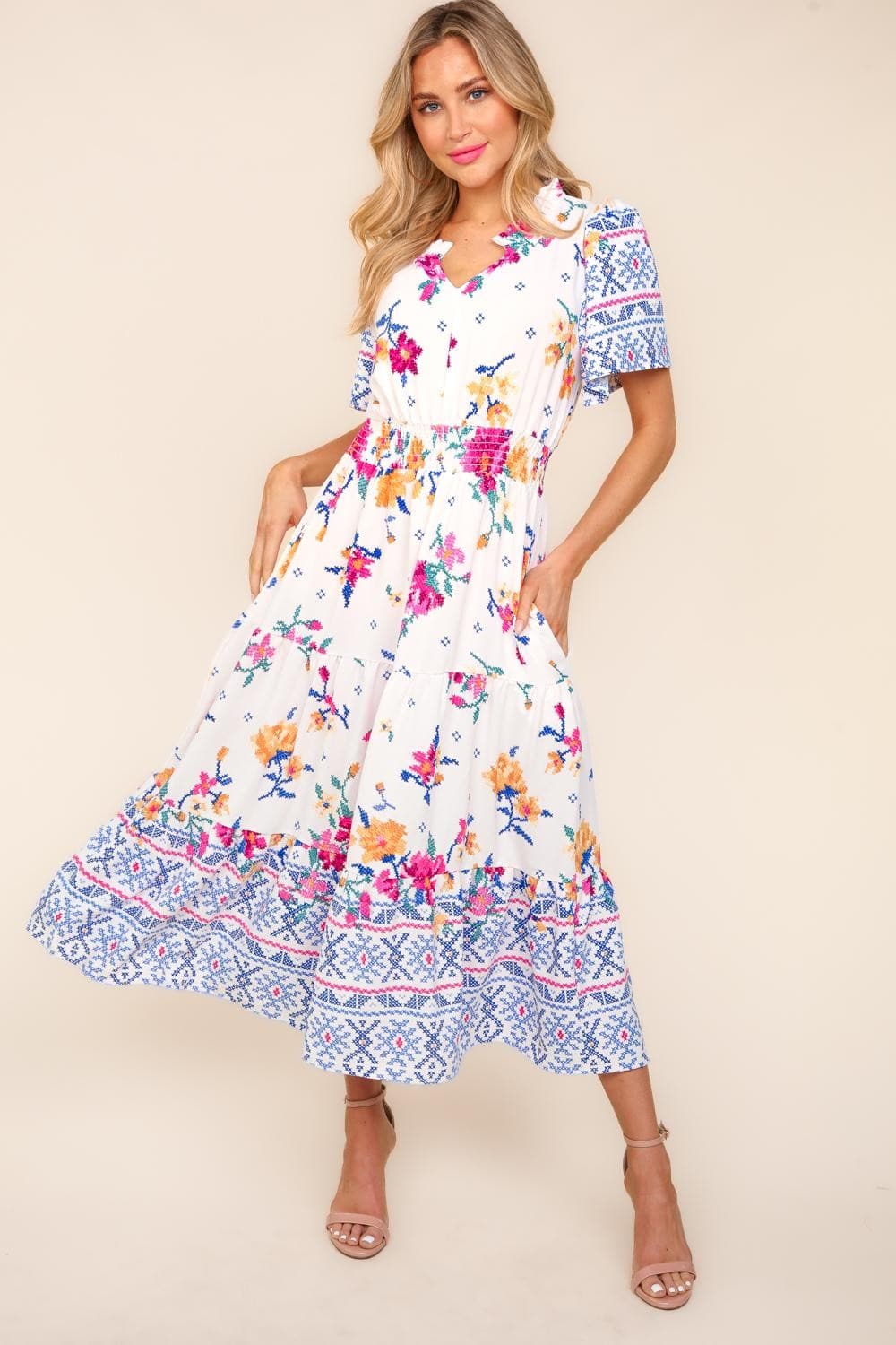 Haptics Printed Notched Short Sleeve Tiered Dress.