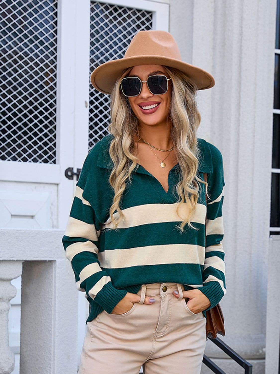 Striped Johnny Collar Knit Top.