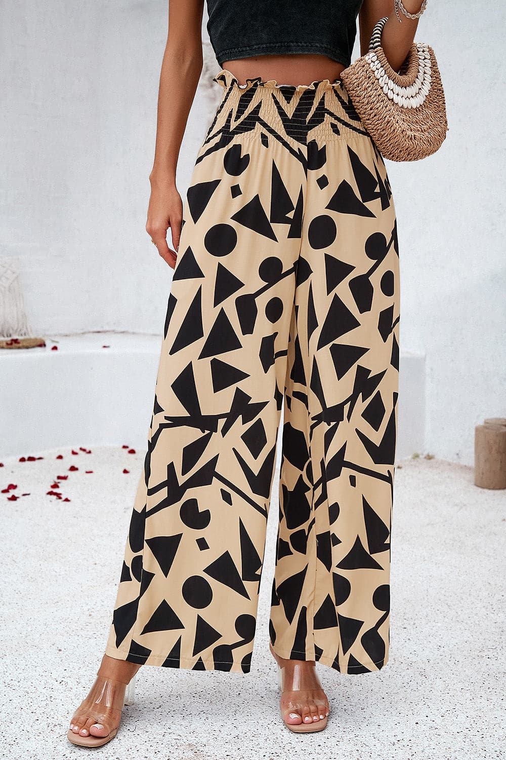 Smocked Printed Wide Leg Pants with Pockets.