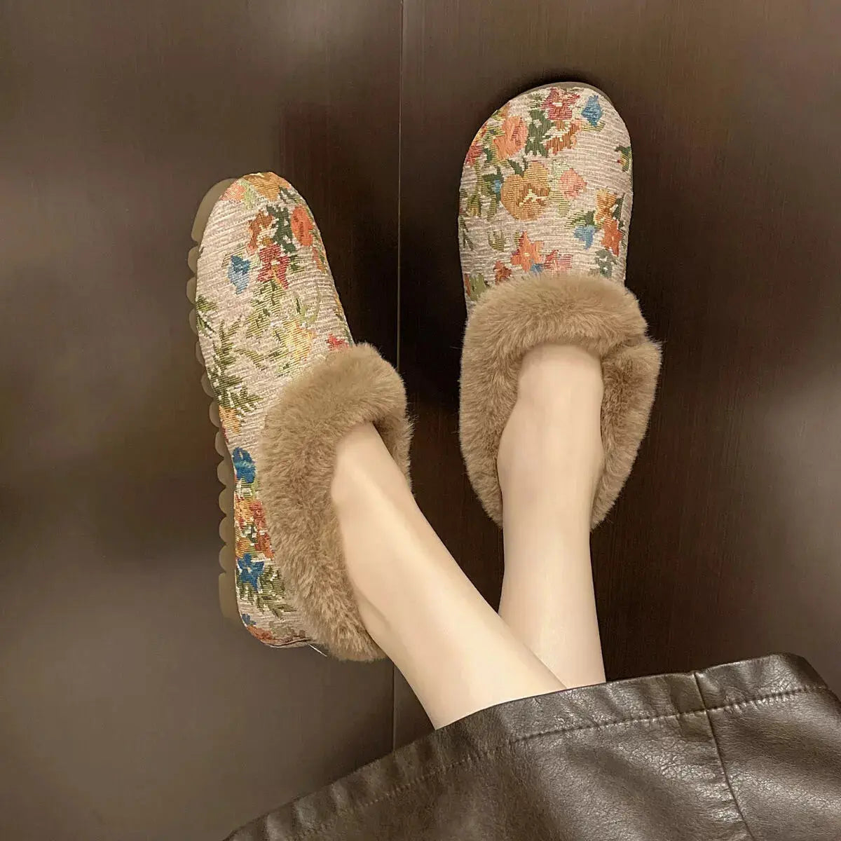 Floral Pattern Plush Lined Slip-Ons Simply Love