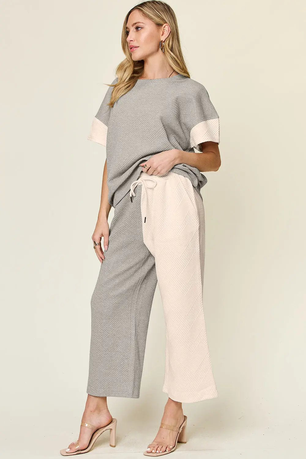 Double Take Full Size Texture Contrast T-Shirt and Wide Leg Pants Set - Love Salve