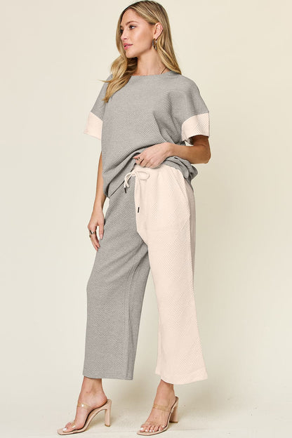 Double Take Full Size Texture Contrast T-Shirt and Wide Leg Pants Set.