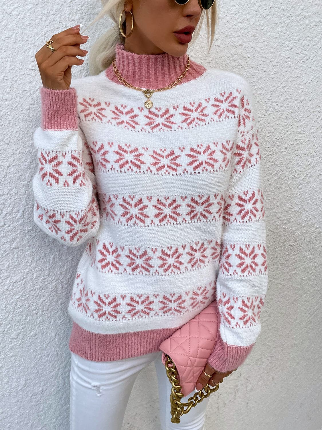 Snowflake Pattern Mock Neck Sweater.