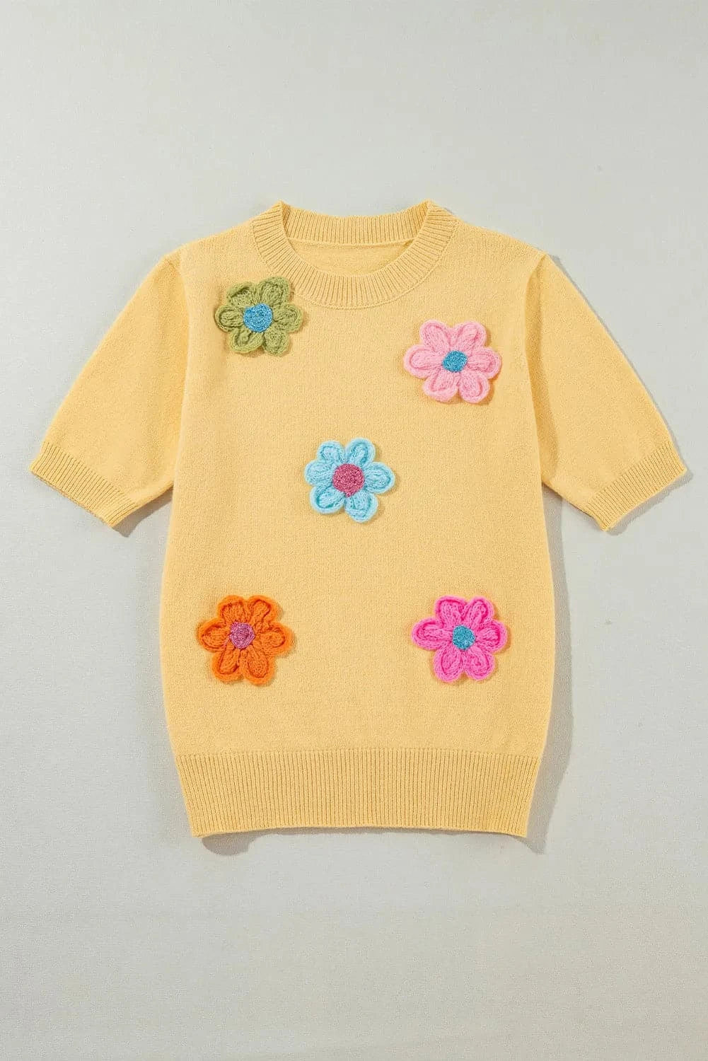 Floral elegance round neck short sleeve sweater