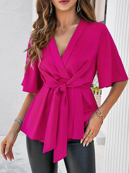 Surplice Tie Waist Half Sleeve Blouse.