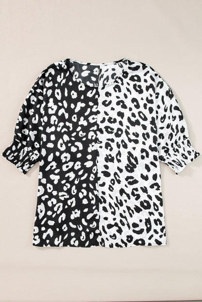 Chic black plus size leopard print half sleeve blouse