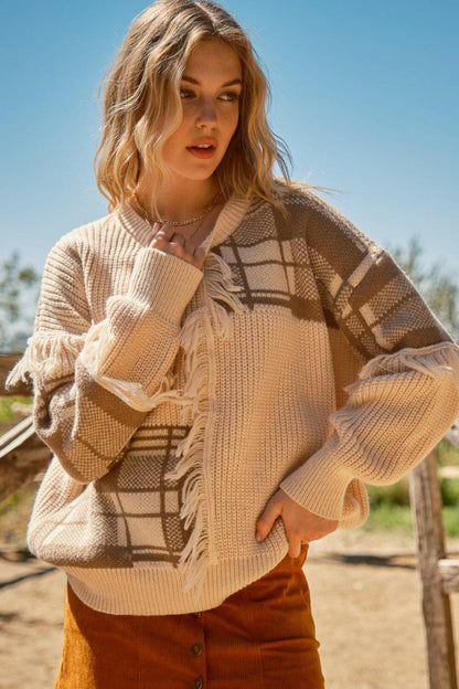 And The Why Plaid Pattern Color Block Fringe SweaterUpgrade Your Winter Style
 Introducing the And The Why Plaid Pattern Color Block Fringe Sweater, the ultimate addition to your winter wardrobe. This stylish sweater Love Salve Plaid Pattern Color Block Fringe Sweaterusa