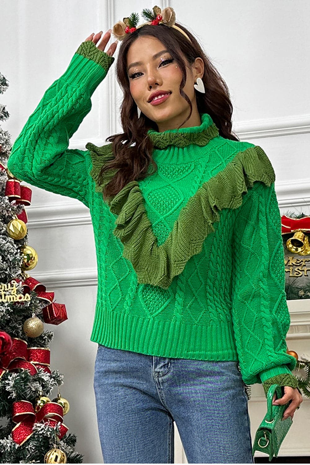 Cable-Knit Ruffled Mock Neck Lantern Sleeve Sweater.