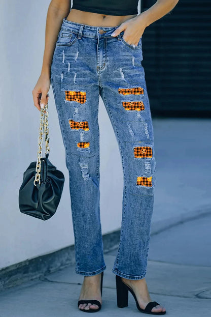 Distressed Pumpkin Pattern Jeans with PocketsFeatures: Distressed
Stretch: Slightly stretchy
Material composition: 75% cotton, 24% polyester, 1% elastane
Care instructions: Machine wash cold. Tumble dry low.
ImLove Salve Distressed Pumpkin Pattern JeansJeans