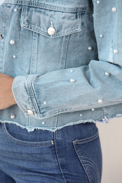 Distressed Pearl Trim Button Up Denim Jacket.