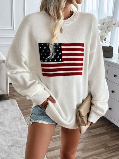 Round neck us flag knit top