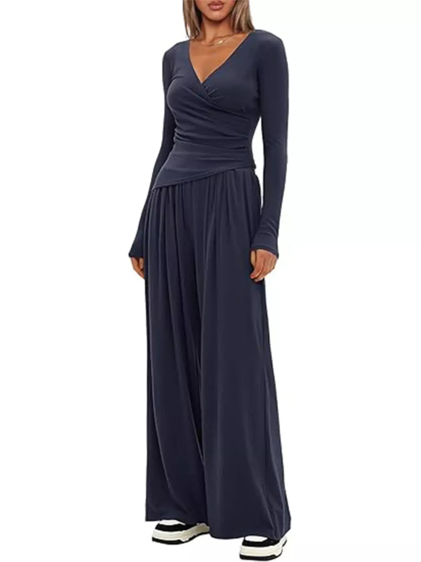 Casual Brown Long Sleeve Wrap Top And Wide Leg Pants Two-Piece Set Simply Love