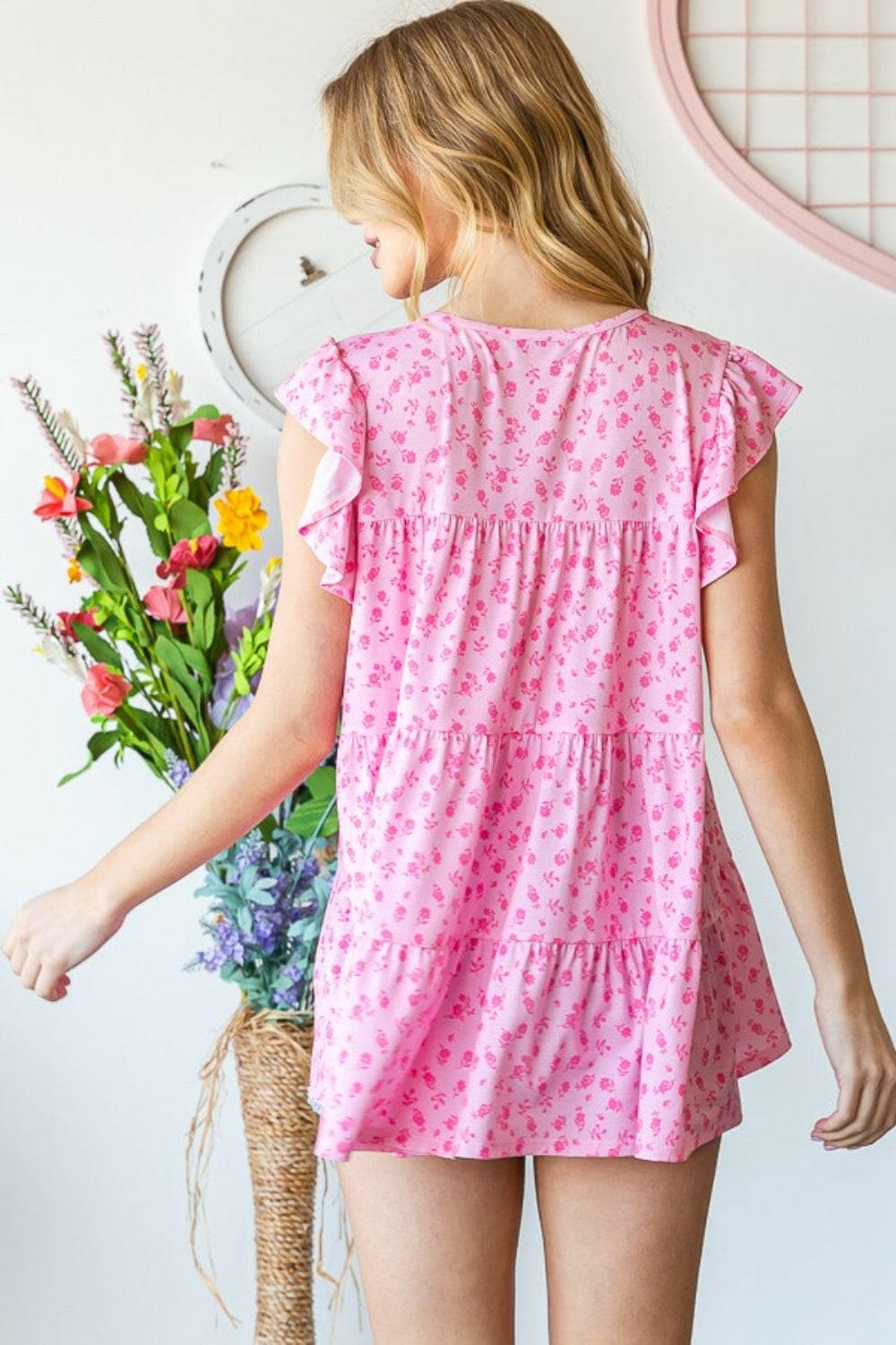 Heimish Full Size Floral Ruffled Tiered Top.