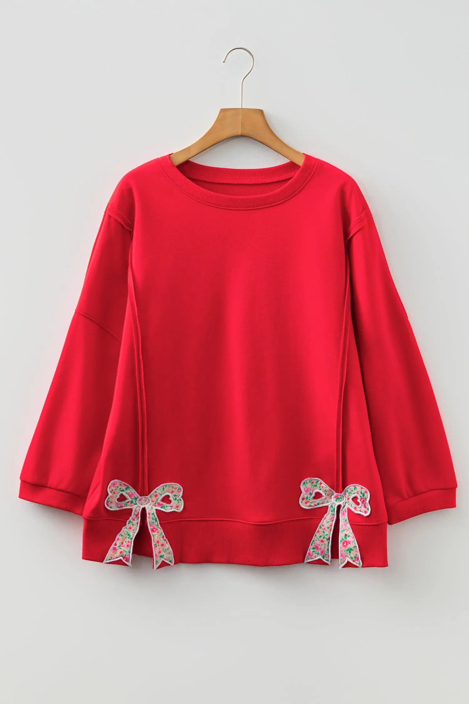 Fiery Red Floral Bow Patchwork Exposed Seam Slit Baggy Sweatshirt Dear-Lover Dropshipping