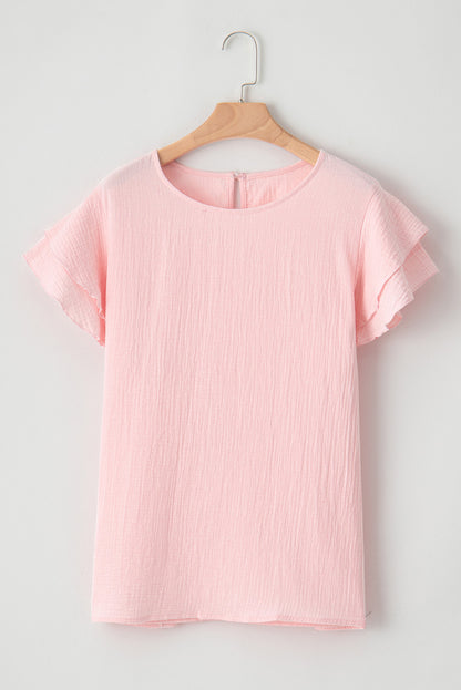 Light pink plus size ruffle sleeve top with crinkle texture