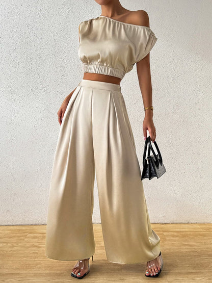 One Shoulder Short Sleeve Top and Wide Leg Pants Set.