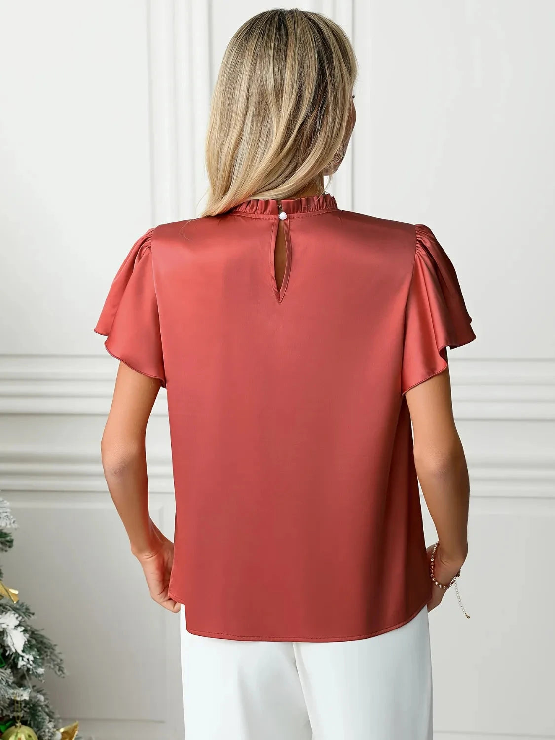 The Coral Crush Satin Flutter Blouse Coco’s Tee Boutique
