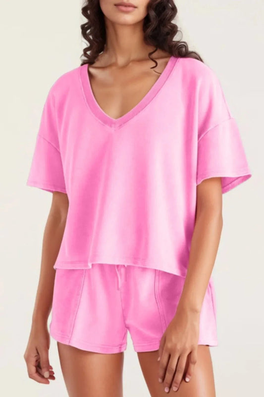 V-Neck Short Sleeve Top and Shorts Set Simply Love