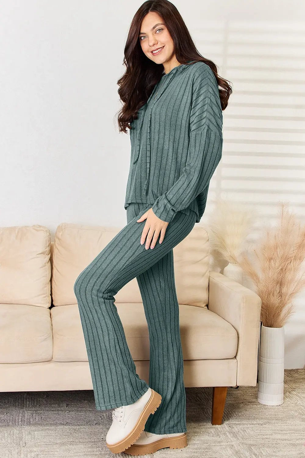 Basic Bae Full Size Ribbed Drawstring Hooded Top and Straight Pants Set - Love Salve