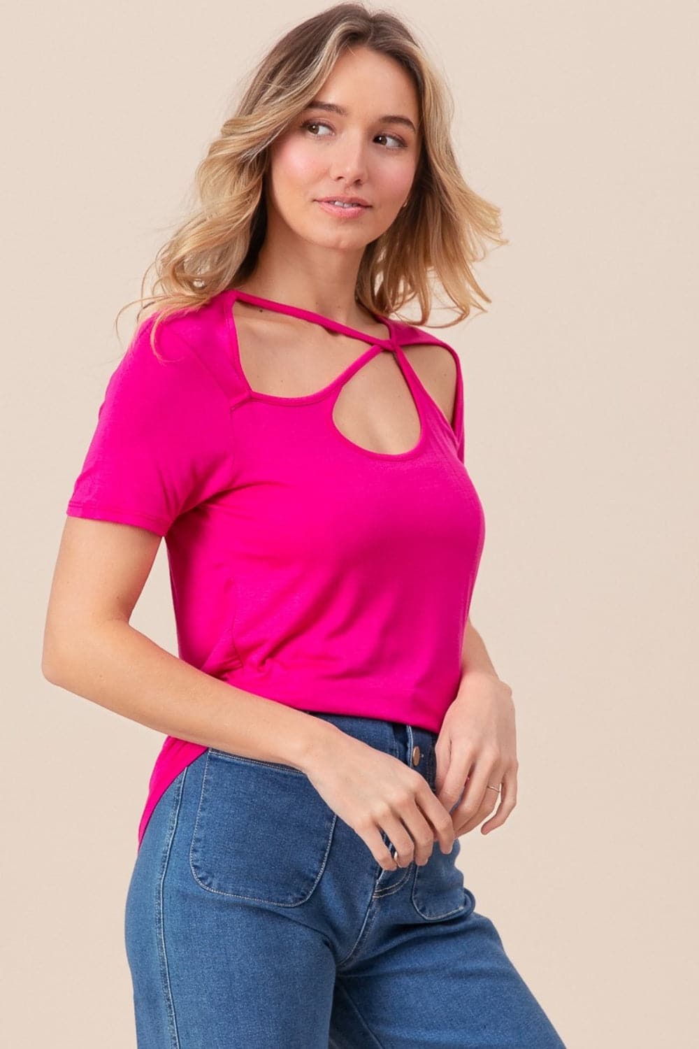 BiBi Cutout Asymmetrical Neck Short Sleeve T-Shirt.