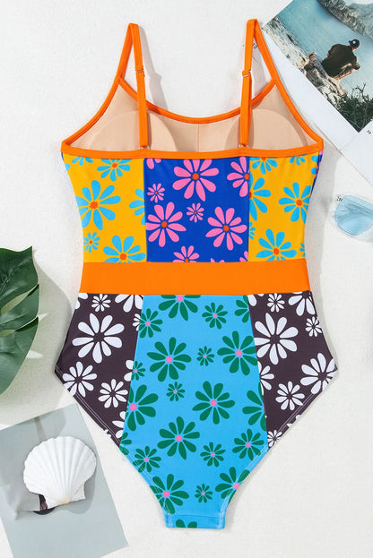 Bohemian Orange Floral Colorblock Spaghetti Strap Bodycon Teddy Swimsuit