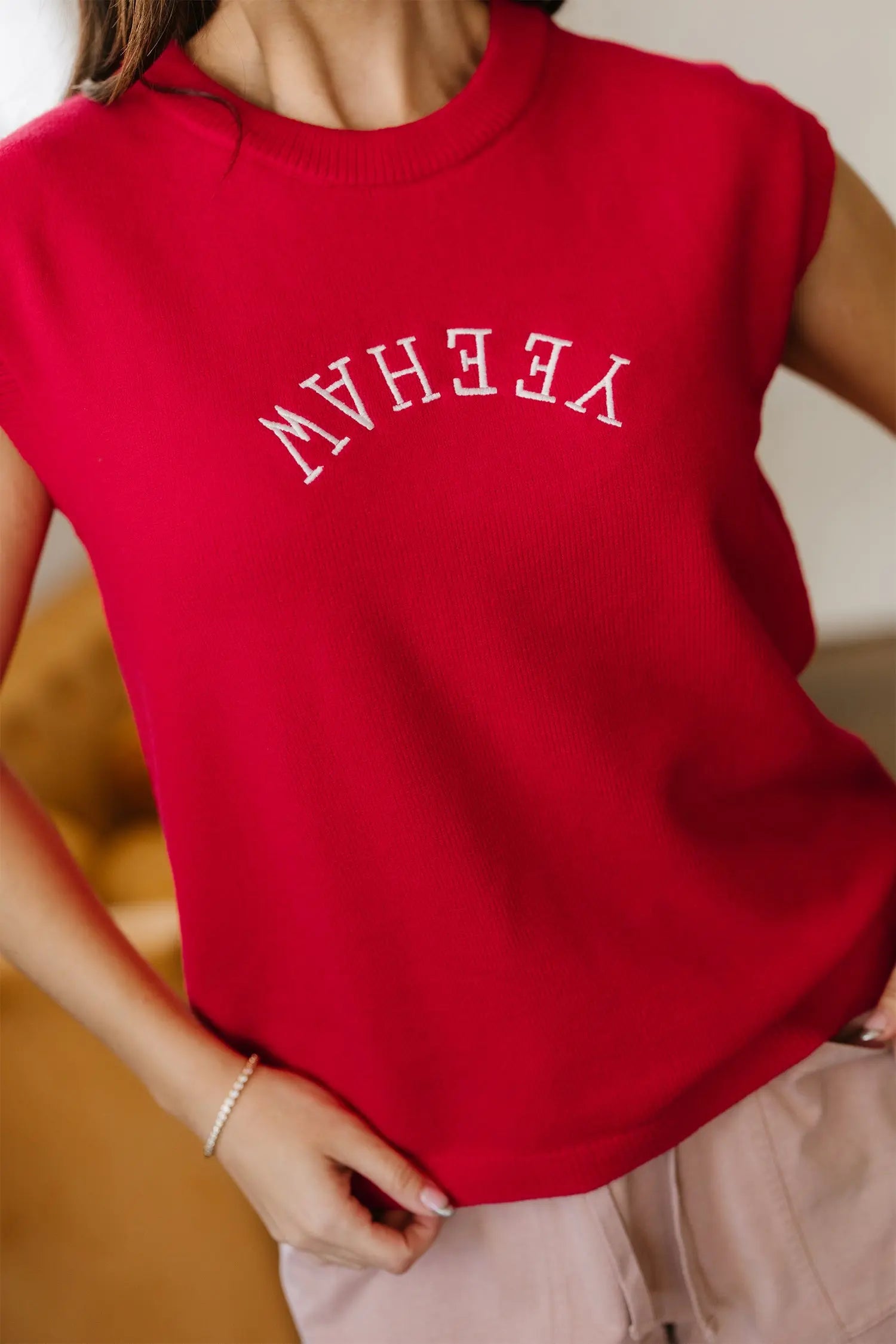 Fiery Red Embroidered Yeehaw Letter Loose Short Sleeve Sweater Dear-Lover Dropshipping