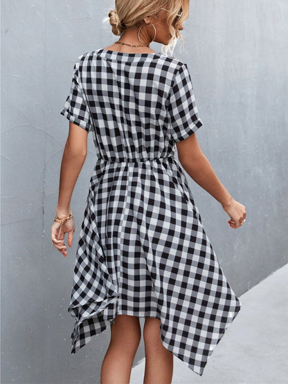 Plaid Notched Short Sleeve Dress.