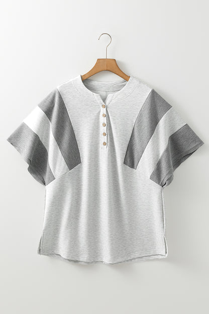 Light Grey Two Tone Contrast Waffle Knit Patched Top