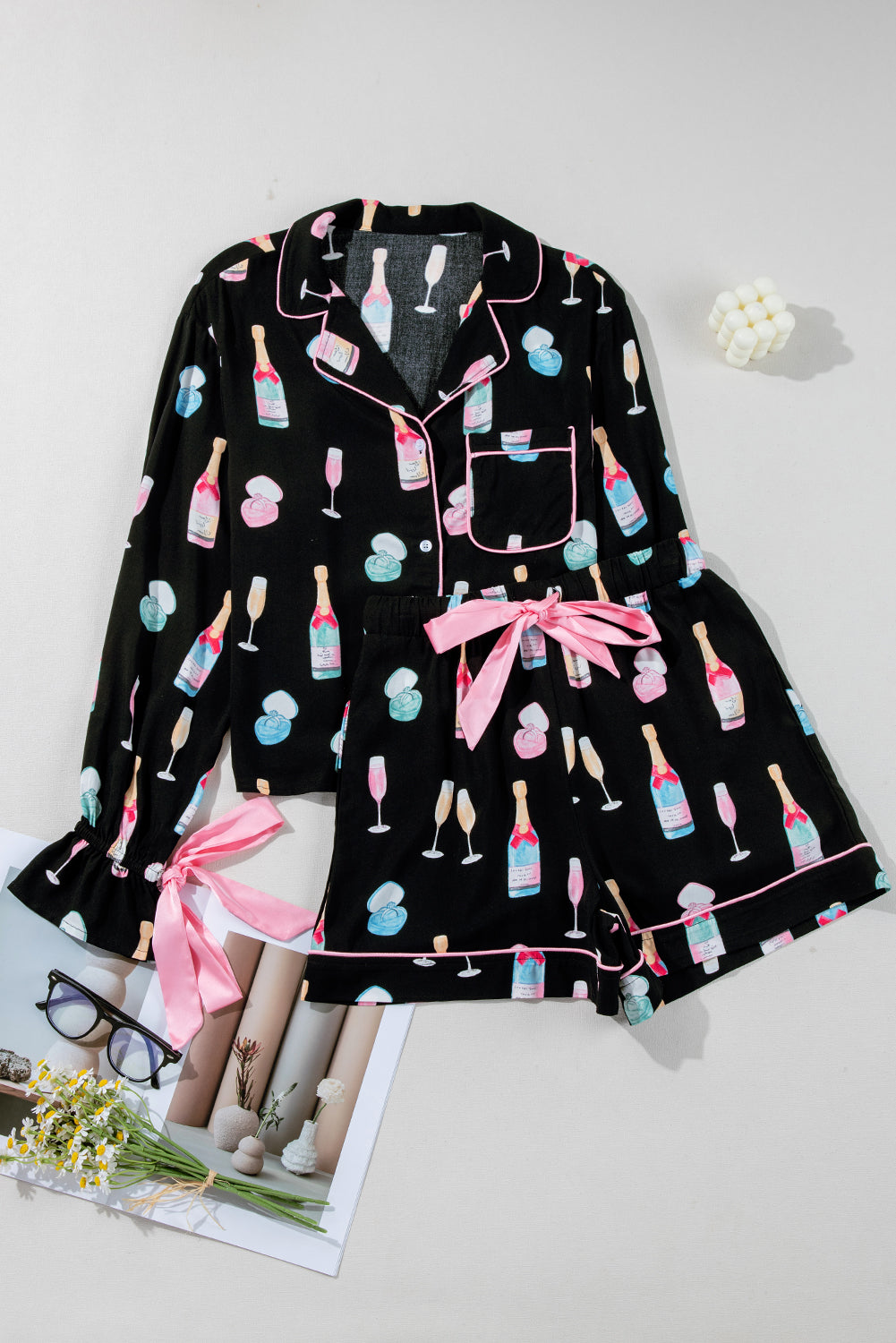 Black Christmas Wine Glass Print Bow Knot Two Piece Pajama Set Dear-Lover Dropshipping