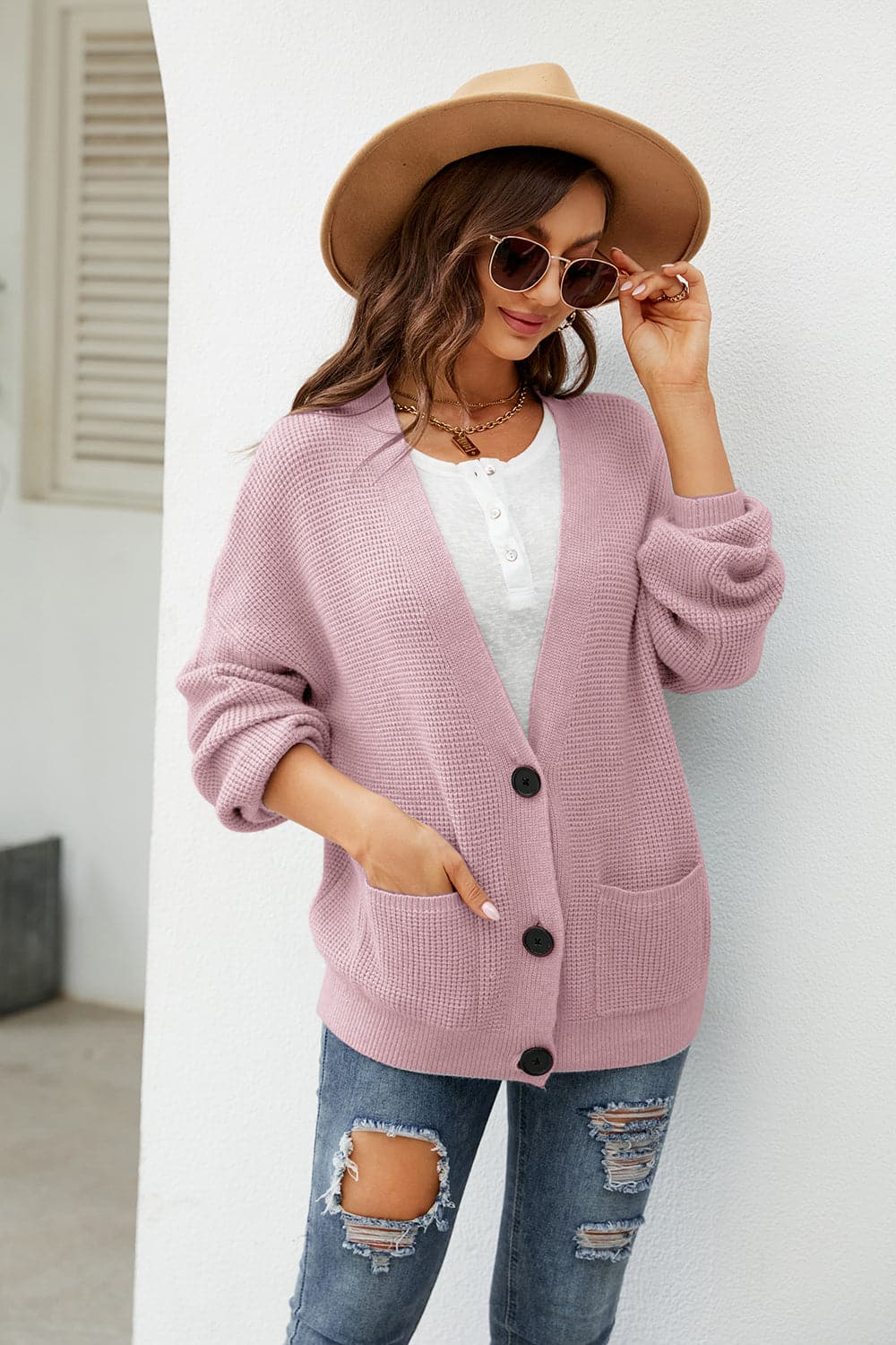 Button Up Drop Shoulder Long Sleeve Cardigan.