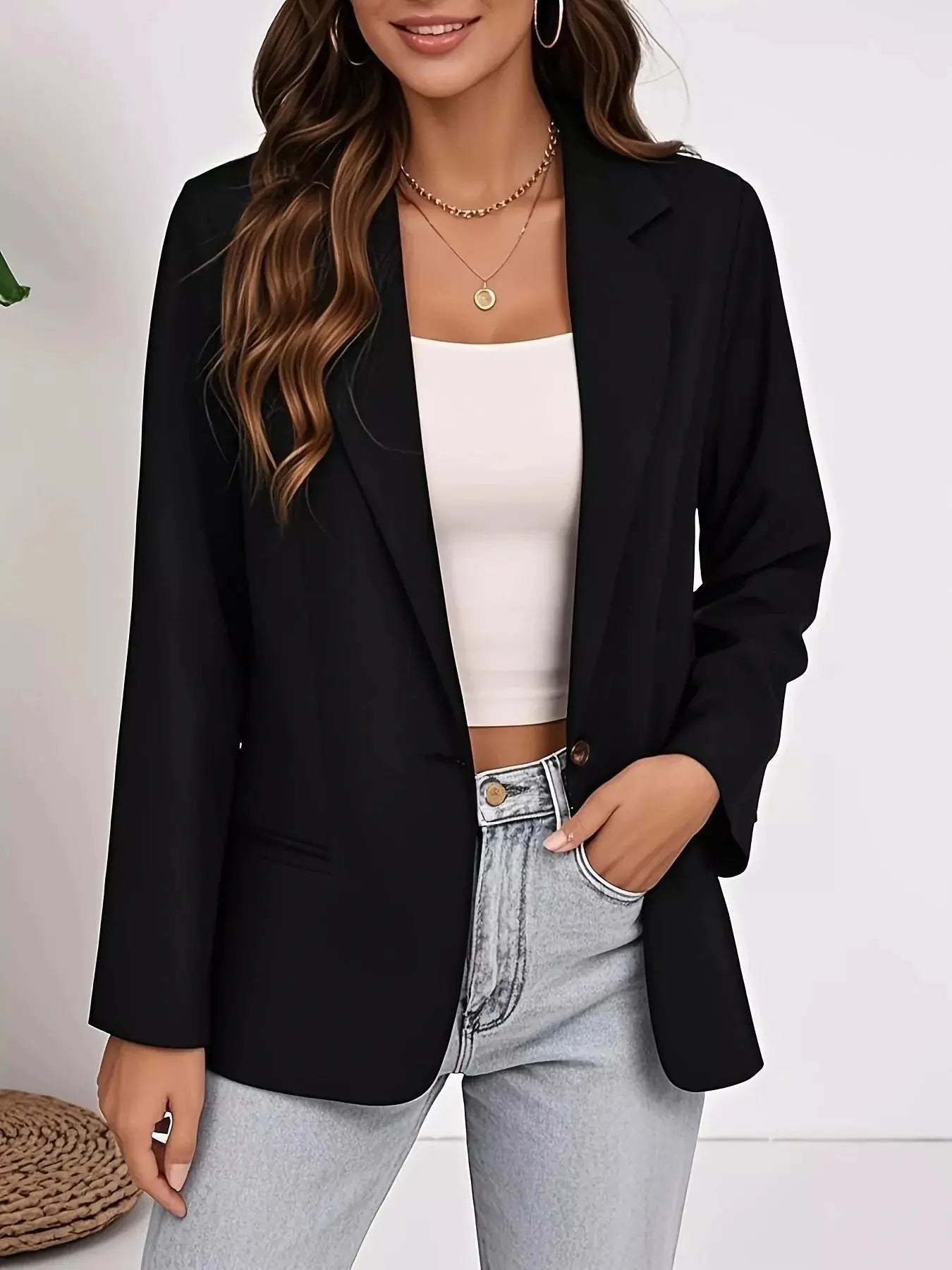 Plus Size Lapel Collar Single-Button Blazer Simply Love