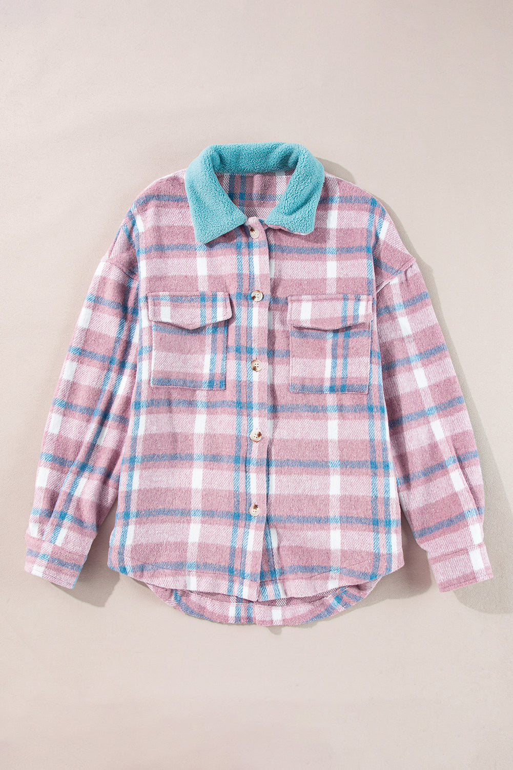 Pink plaid color block shacket with collared flap pockets