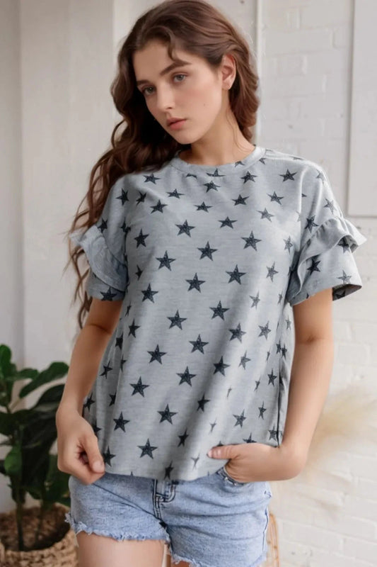 Star Print Tiered Ruffled Sleeve Crew Neck T Shirt Simply Love