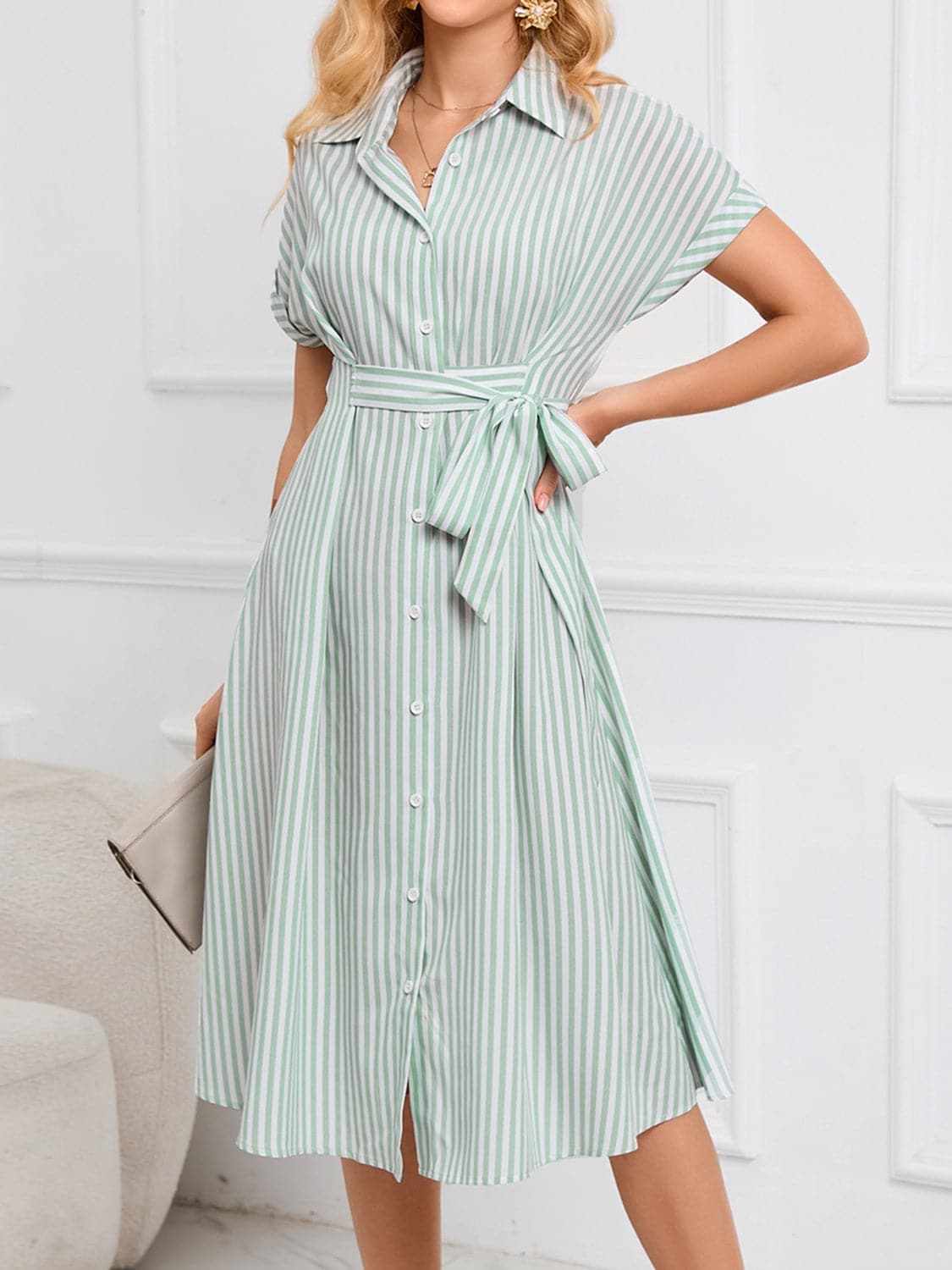 Striped Short Sleeve Tie Waist Midi Dress.